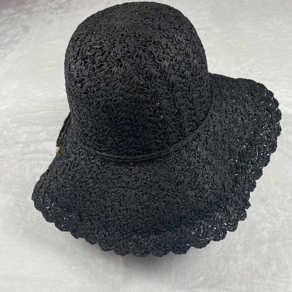 Womens Black Woven Straw Floppy Sun Hat Scalloped Brim Wooden Beads Beach Summer